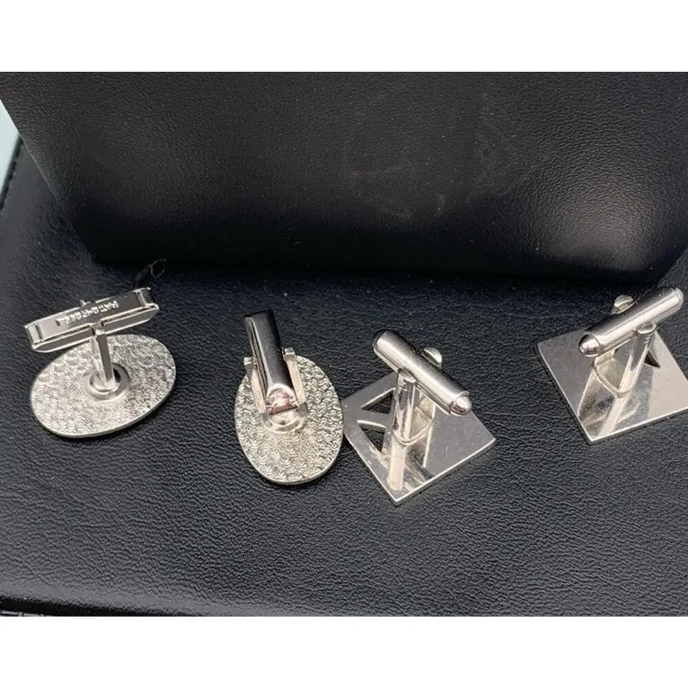 Vintage Lot Of 2 Pair Of Silver Tone And Black Enamel Cuff Links‎ Oval & Square
